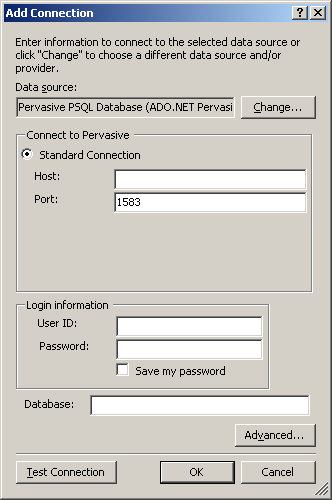 The Data source field shows Pervasive PSQL data provider (Pervasive.Data.SqlClient) as non-editable text. The Port field in the Standard Selection box contains the value 1583.