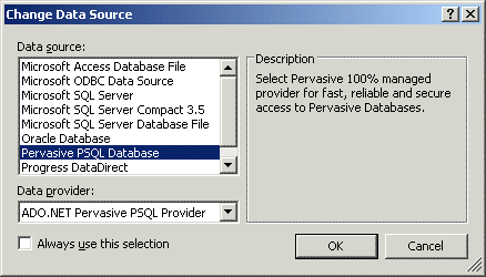 Pervasive PSQL Database is selected in the Data source list box, . The ADO.NET Pervasive PSQL data provider is selected in the Data provider drop-down list.