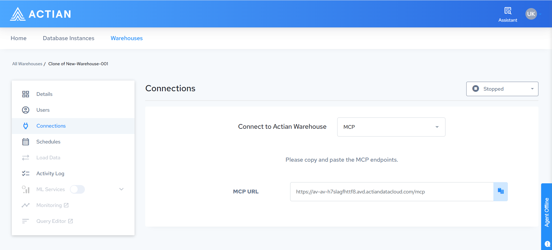 Warehouse Connections page showing the MCP URL