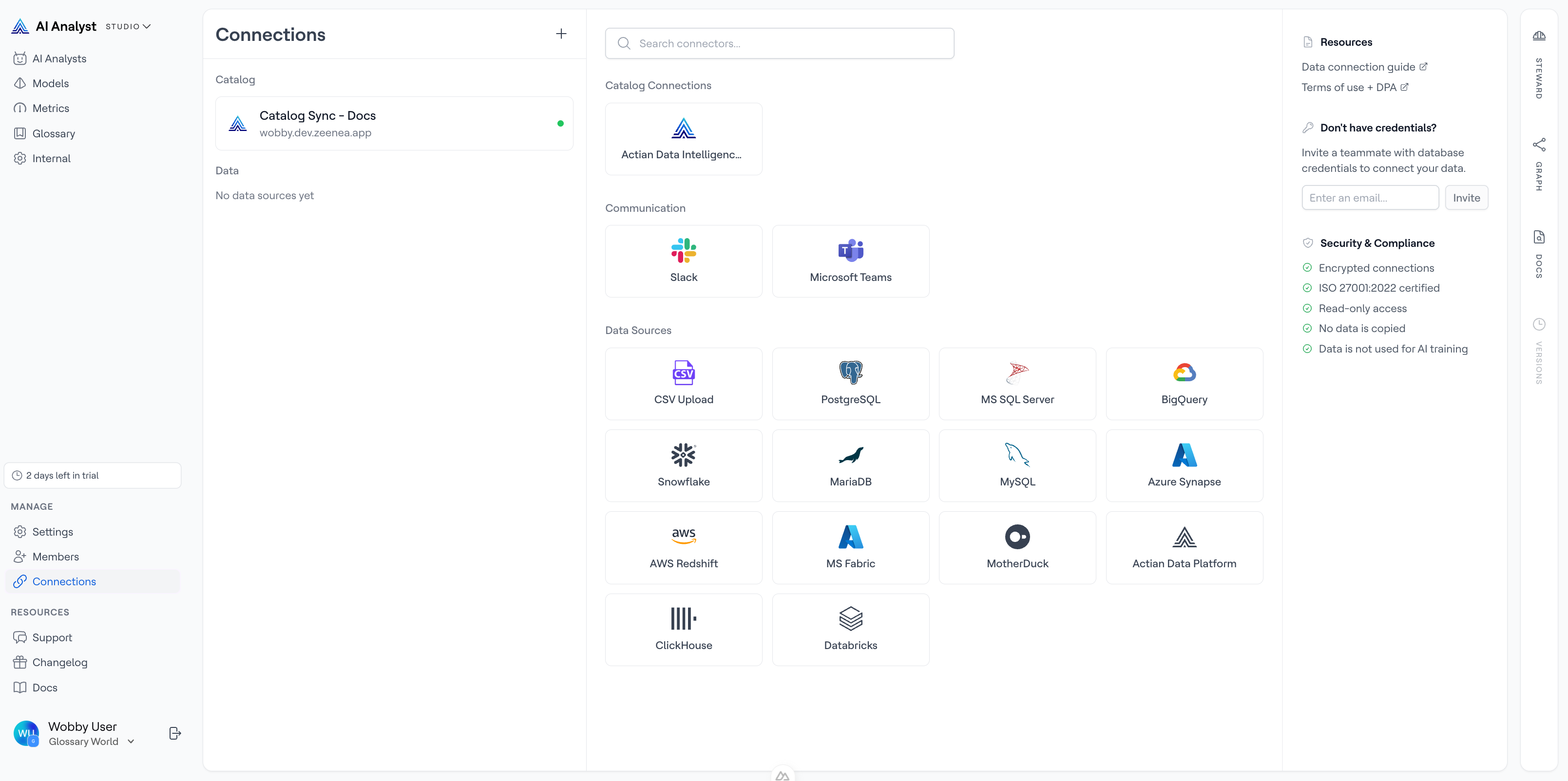 Connector picker showing the Actian Data Intelligence Platform card in the Catalog section