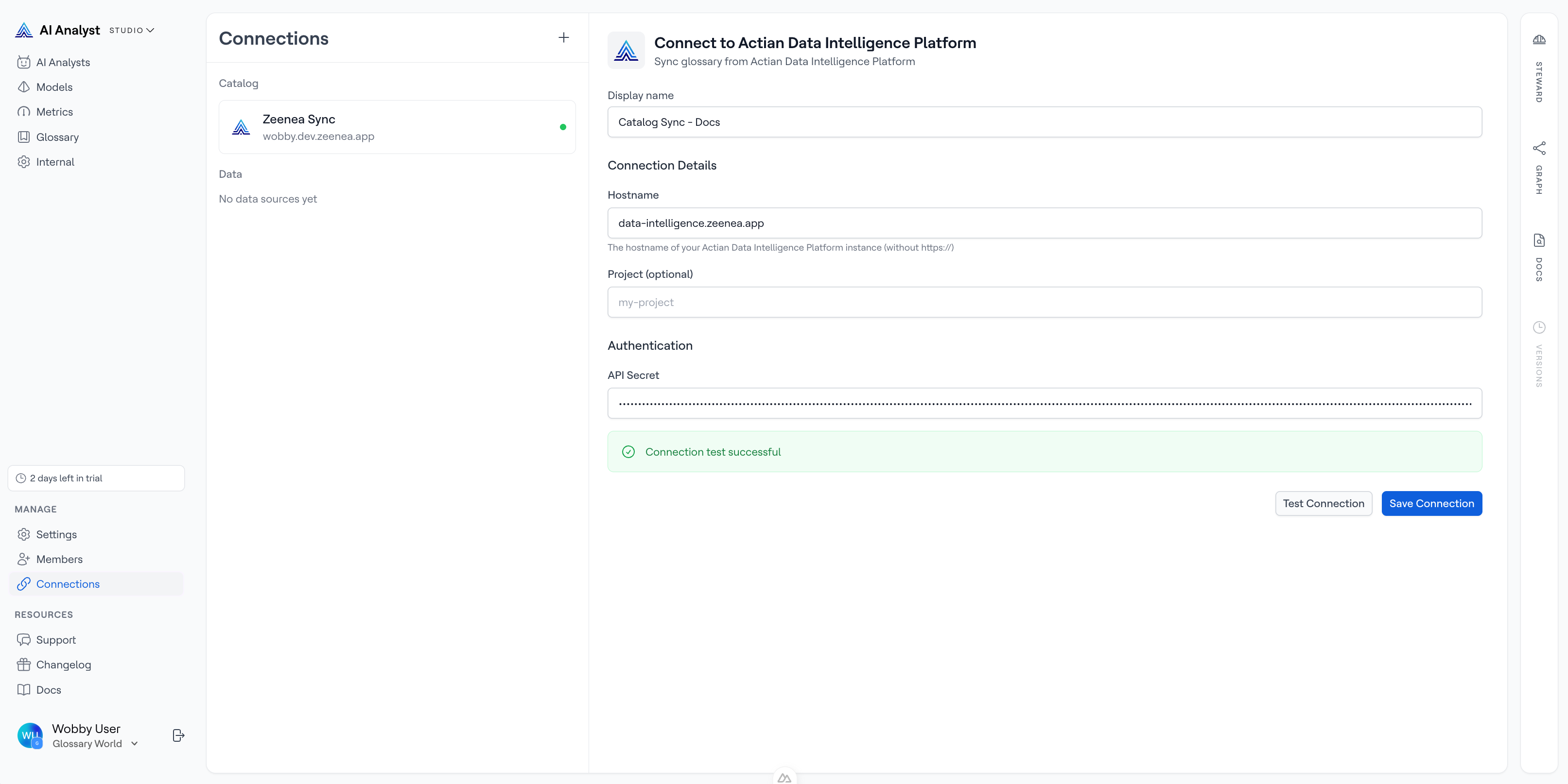 Connection form filled out with example values