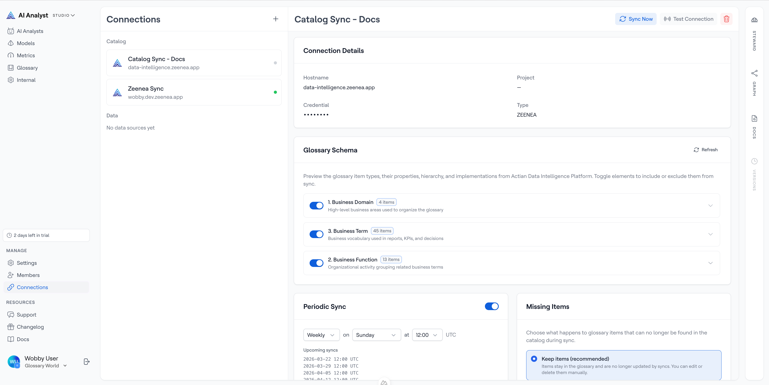 Catalog connection detail page showing the sync schedule, metamodel, and removed items cards