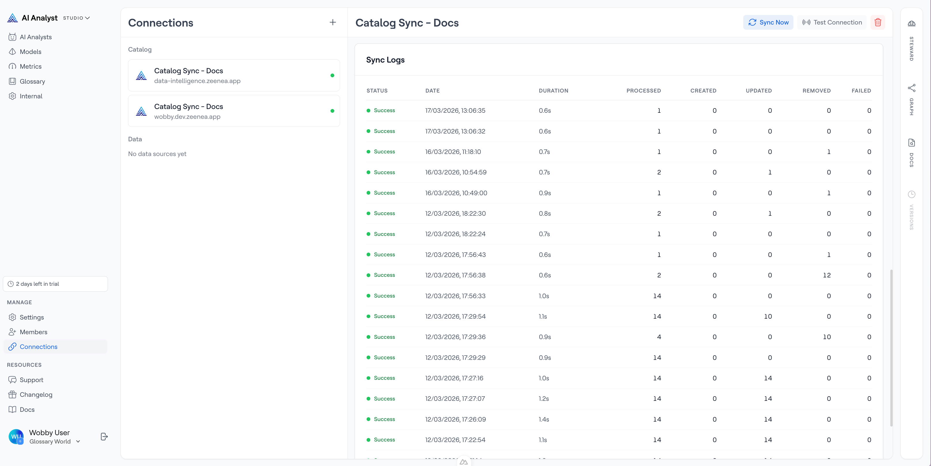 Sync logs card showing successful and partial syncs with record counts
