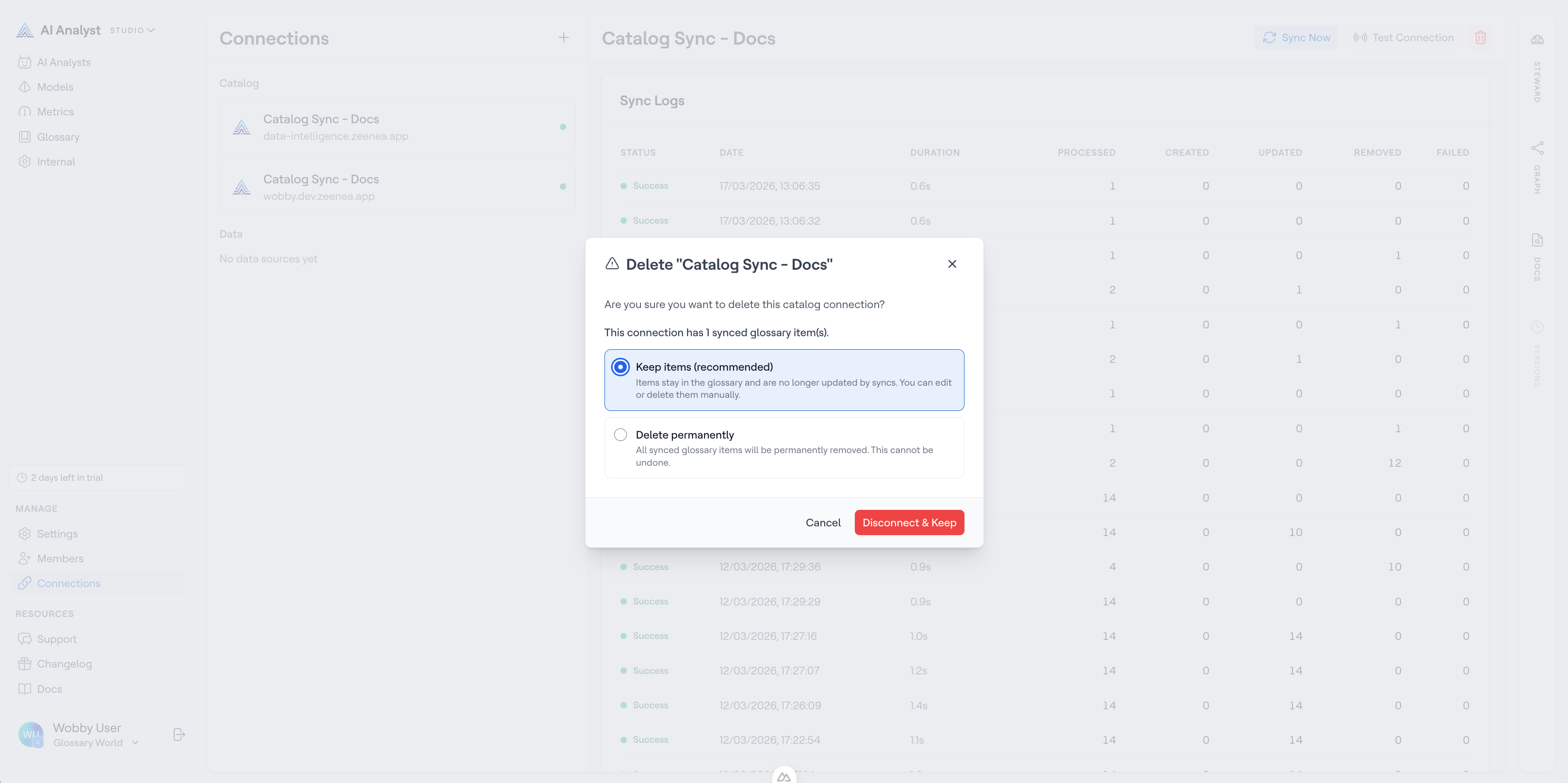 Delete connection modal showing the Retain and Delete options with the count of affected terms