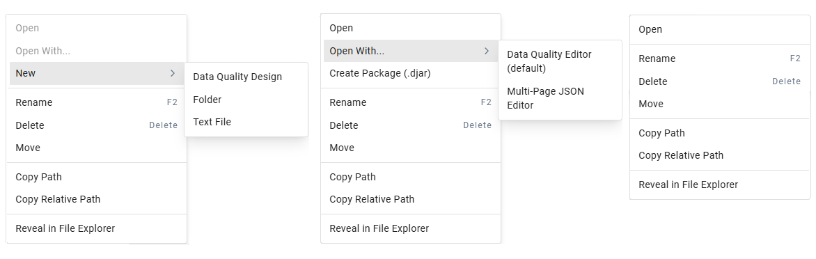 Item context menu shown for a project, a folder, and a file