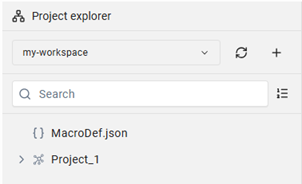 Project Explorer showing the new my-workspace with a MacroDef.json macro file and a Project_1 folder