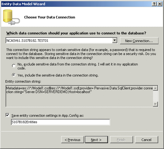 Entity Data Model wizard, on the Choose Your Data Connection screen