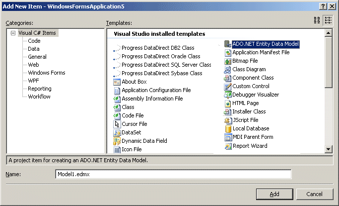 Add New Item window. ADO.NET Entity Data Model is selected.